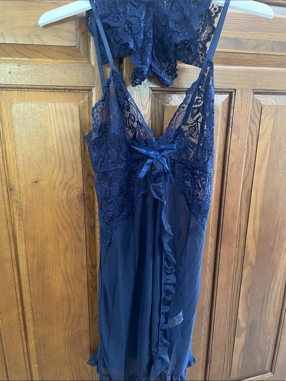 Navy Blue lingerie NWOT Sz. L/XL w panties lace w bow adjustable back & straps